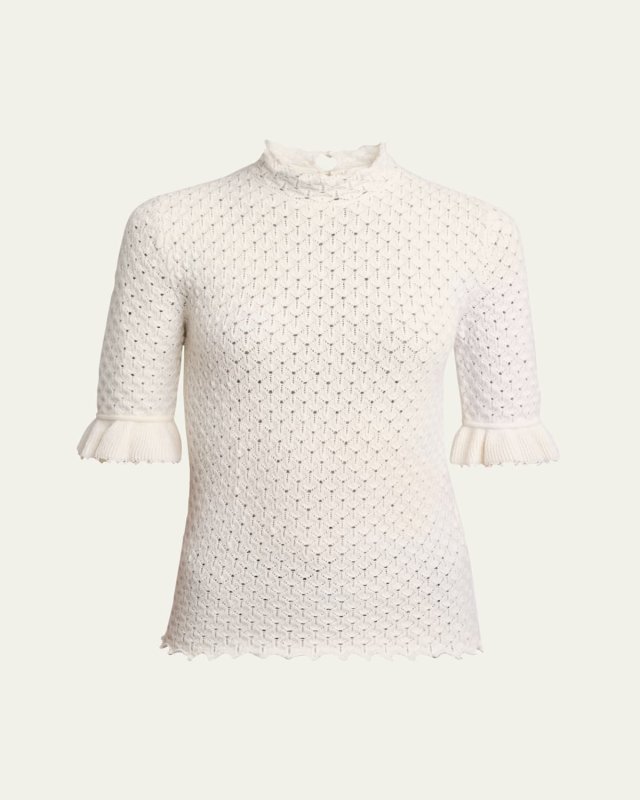 Ruffle-Cuff Pointelle Wool Cashmere Top